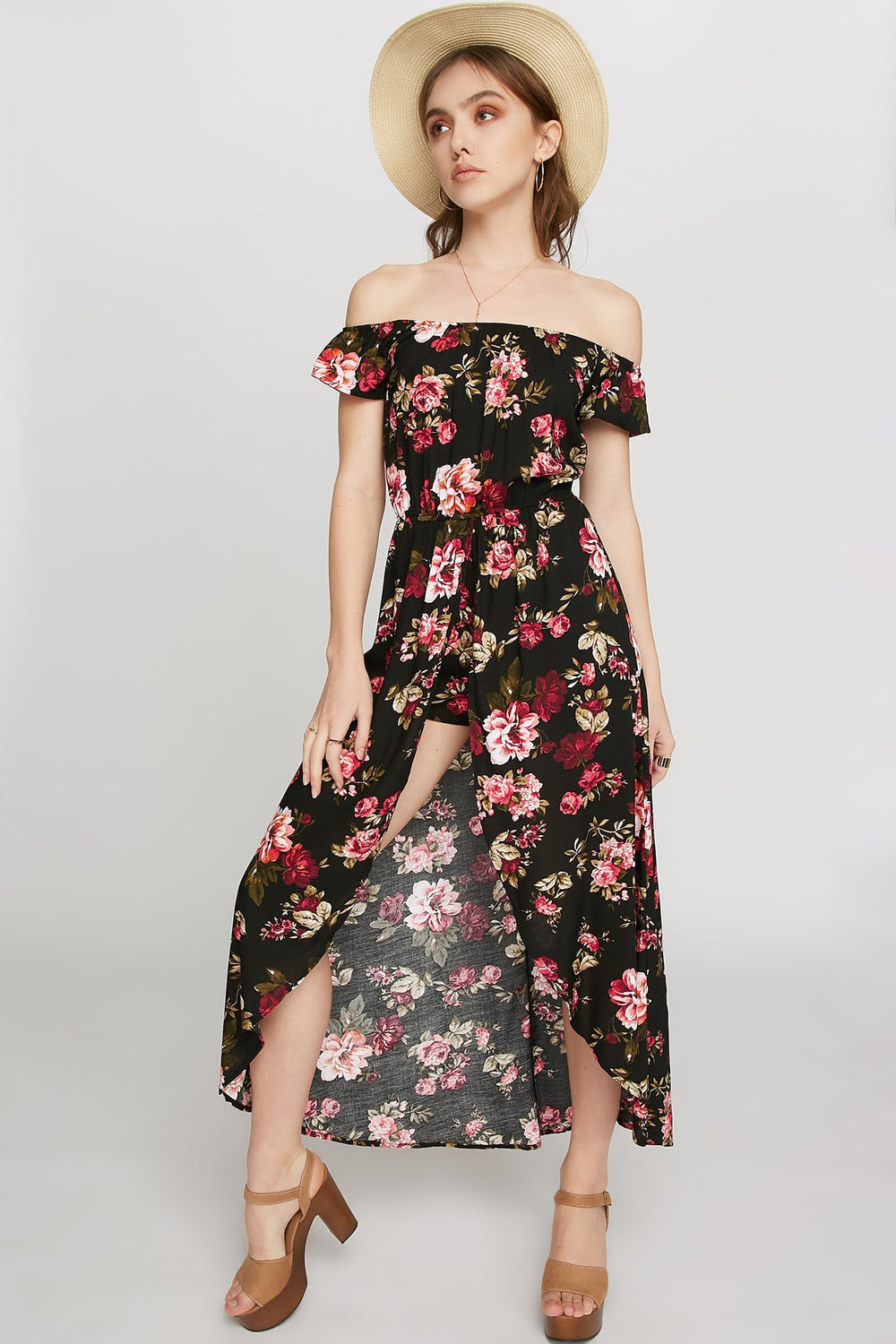 Women Floral Off The Shoulder Walkthrough Romper Black