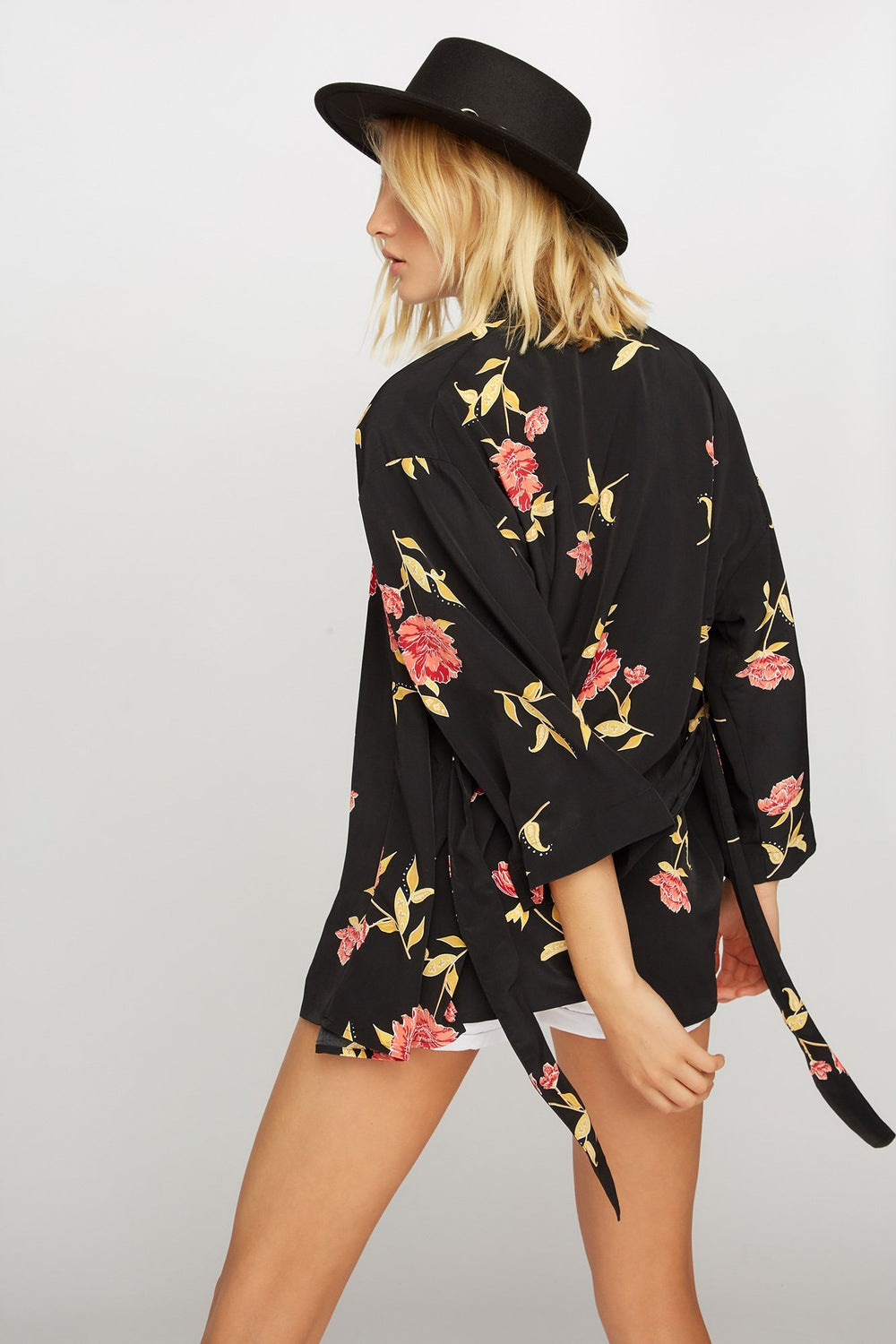 Women Floral Open-Front Self-Tie Kimono Black
