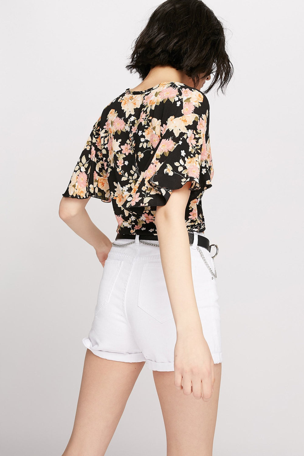 Women Floral Printed Front-Knot Cropped Bell Sleeve Blouse Black