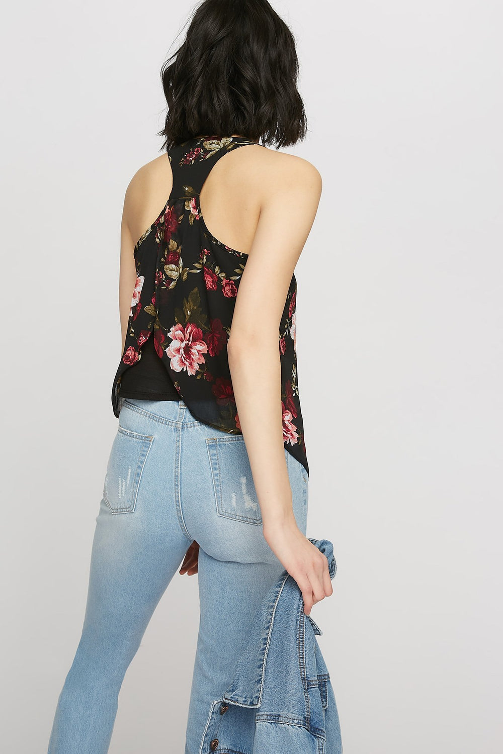 women Floral Racerback Chiffon Dolphin Hem Tank Black