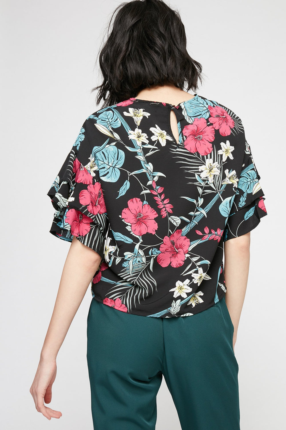 women Floral Ruffle Bell Sleeve Blouse Black