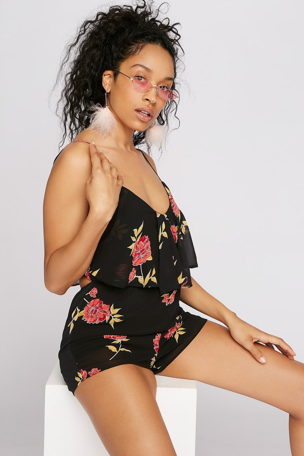 Women Floral V-Neck Cinched Romper Black