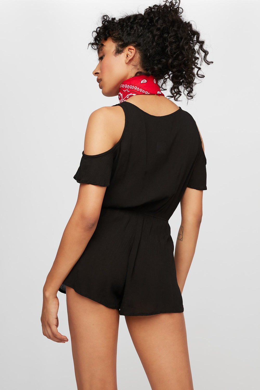 Women Front-Knot Cold Shoulder Lightweight Romper Black