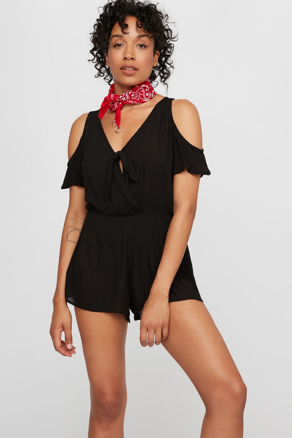 Women Front-Knot Cold Shoulder Lightweight Romper Black