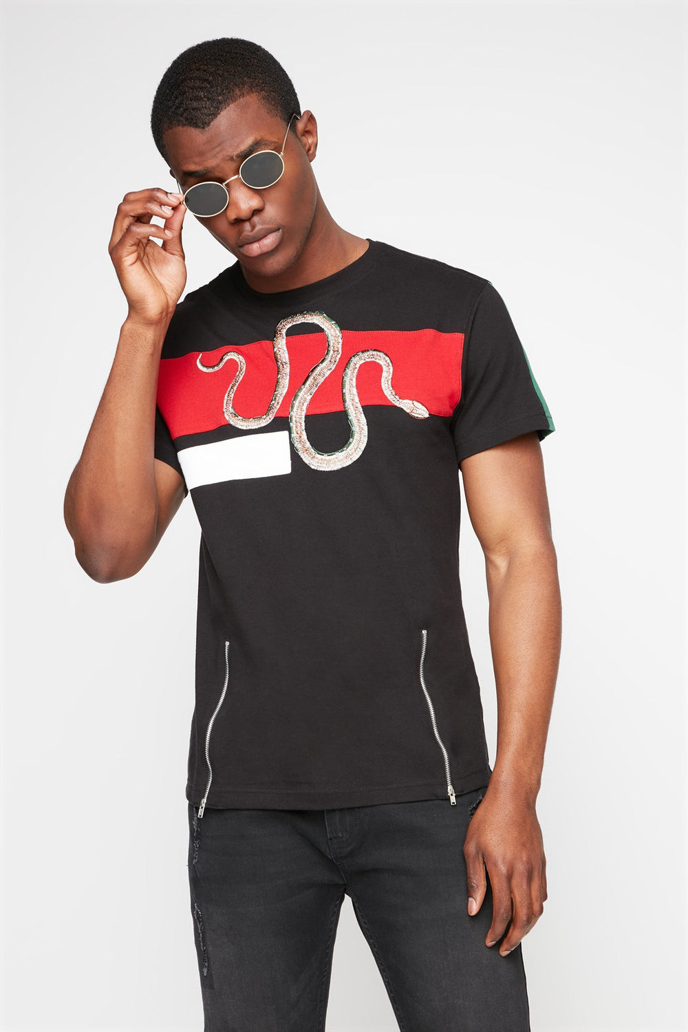 Men Front-Zip Snake Box Logo Graphic T-Shirt Black