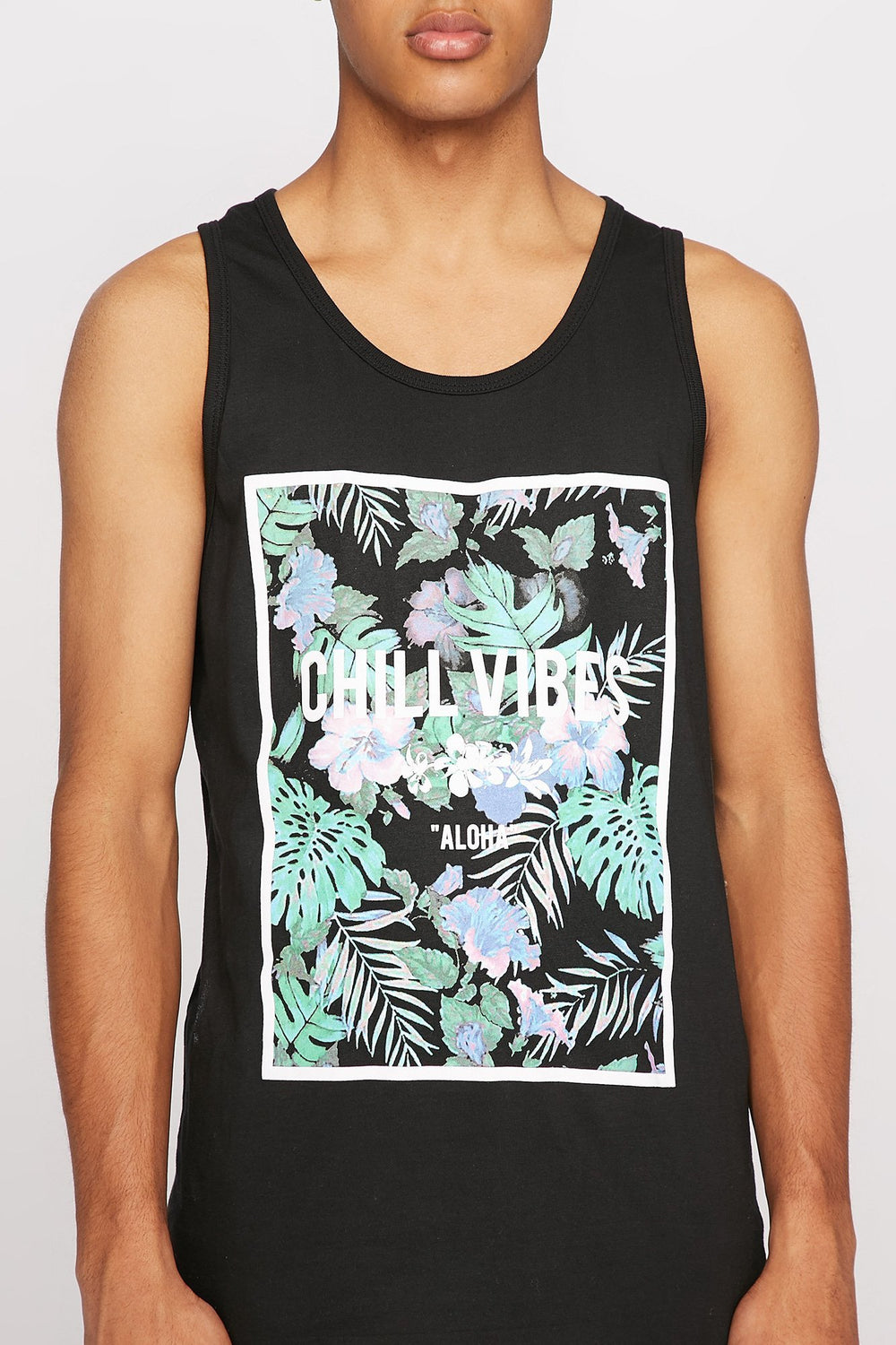 Men Good Vibes Tropical Floral Graphic Tank Black