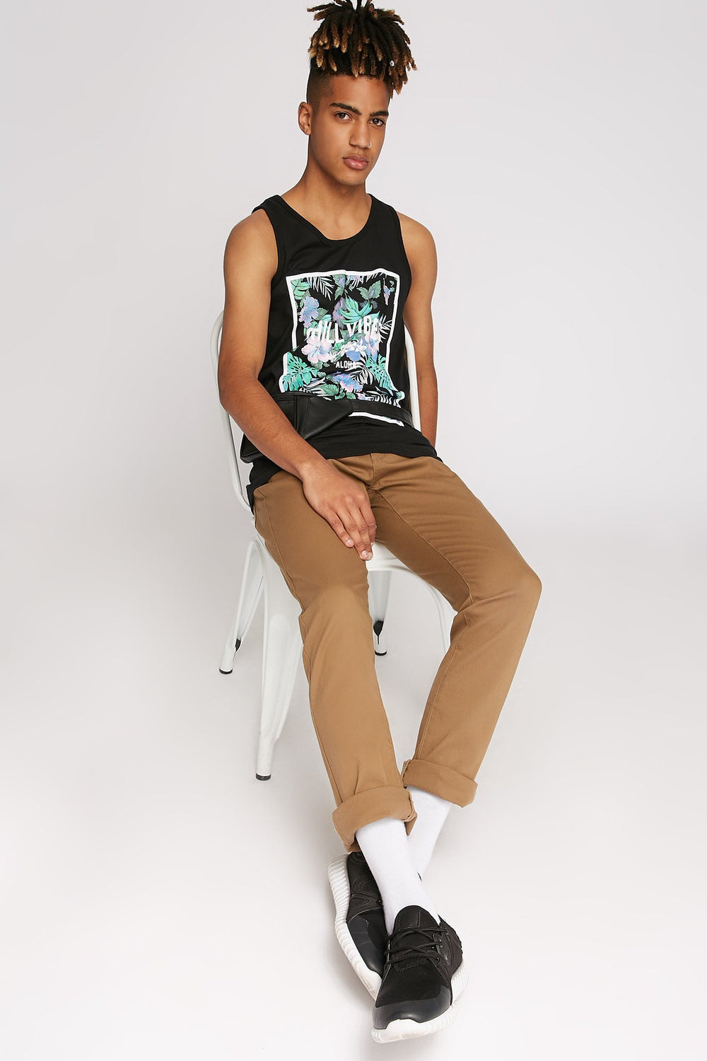 Men Good Vibes Tropical Floral Graphic Tank Black