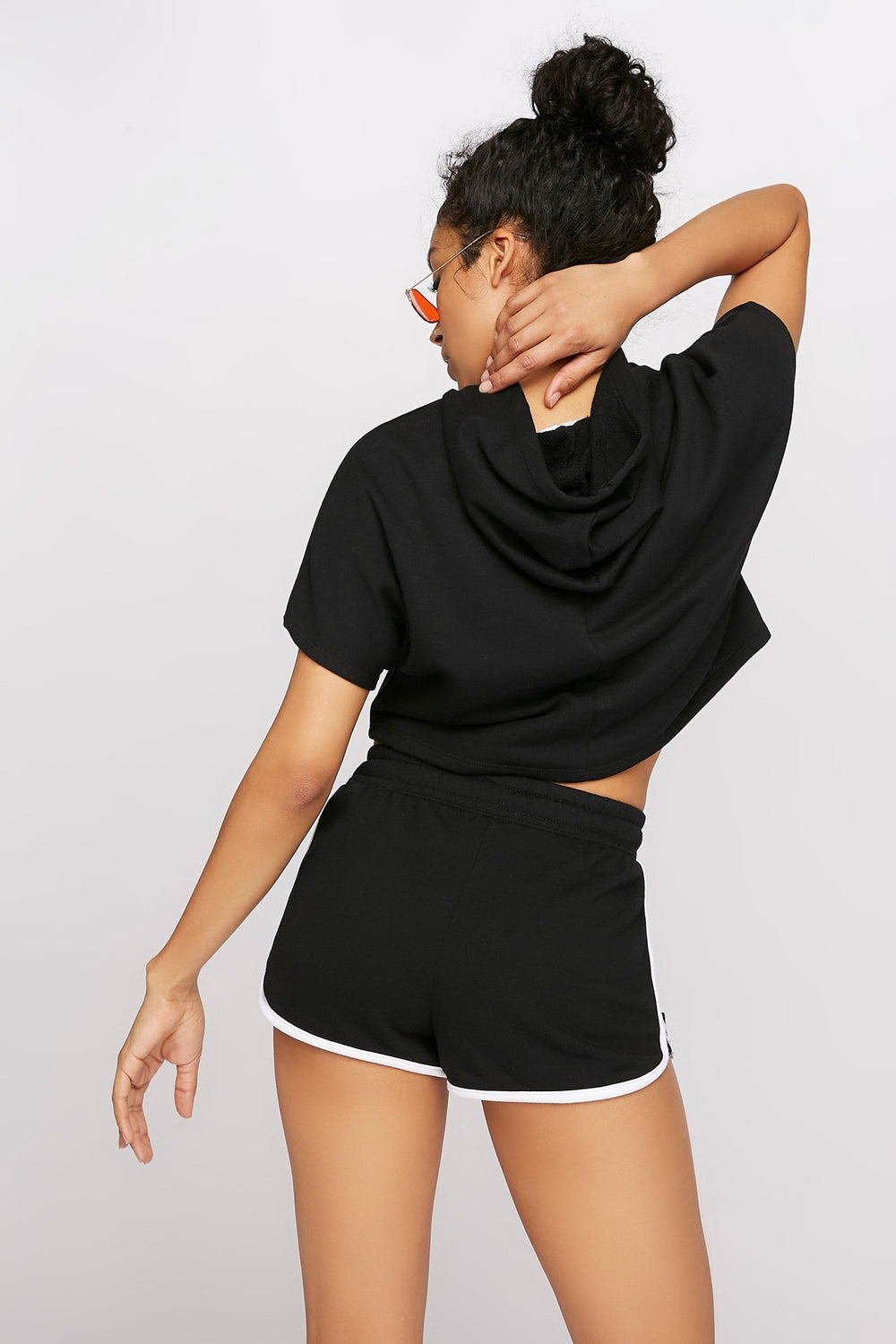 Women Graphic Cropped Drawstring Popover Hoodie Black