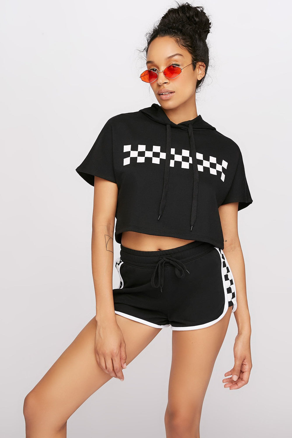 Women Graphic Cropped Drawstring Popover Hoodie Black