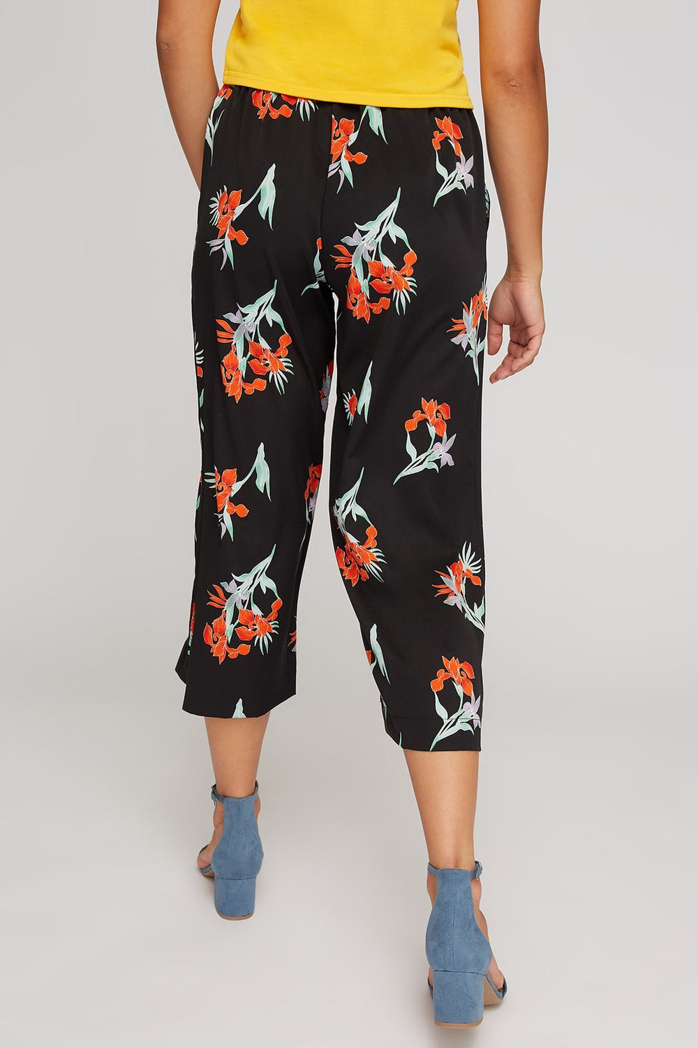 Women High-Rise Floral Culotte Self-Tie Pant Black
