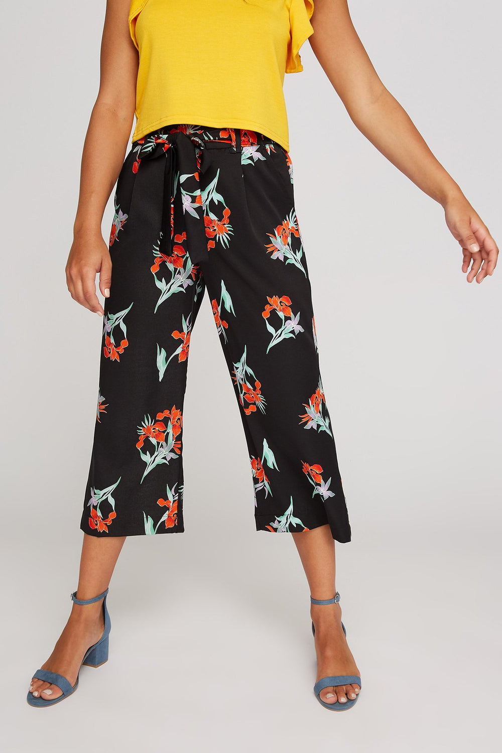 Women High-Rise Floral Culotte Self-Tie Pant Black