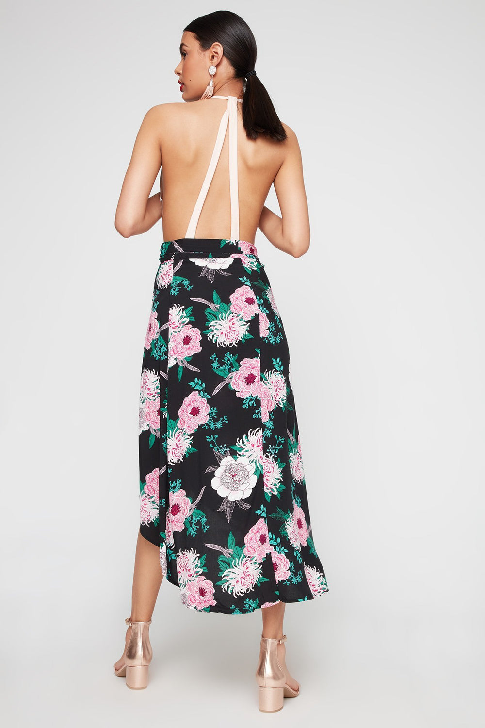 Women High-Rise Floral Wrap Maxi Skirt Black