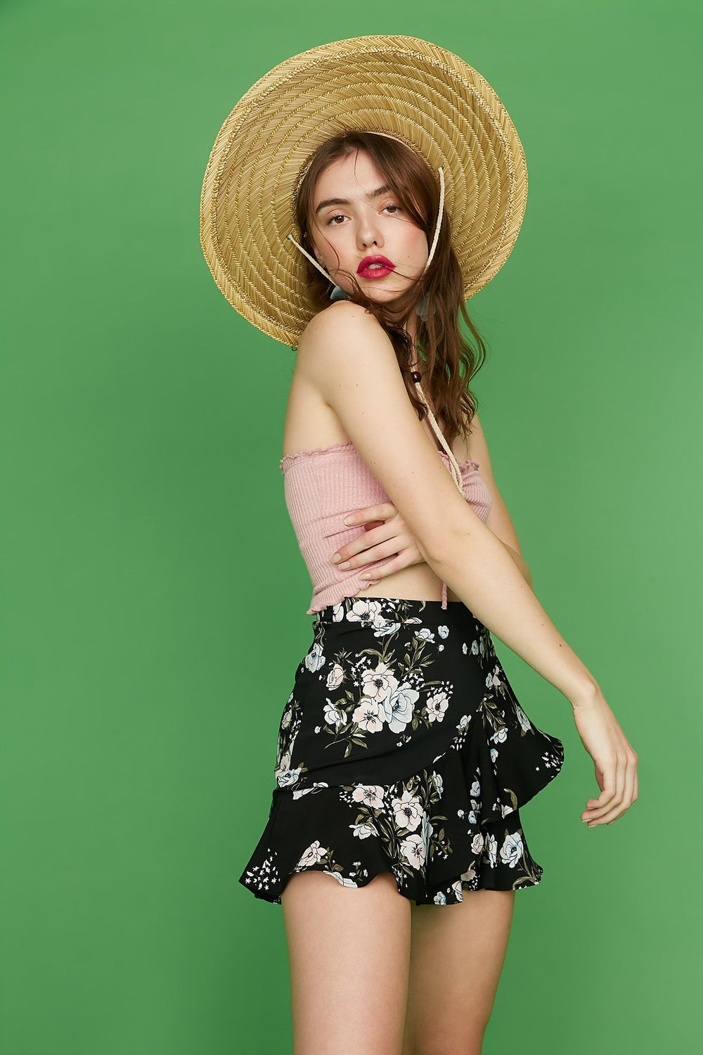 High-Rise Ruffle Floral Mini Skirt Black