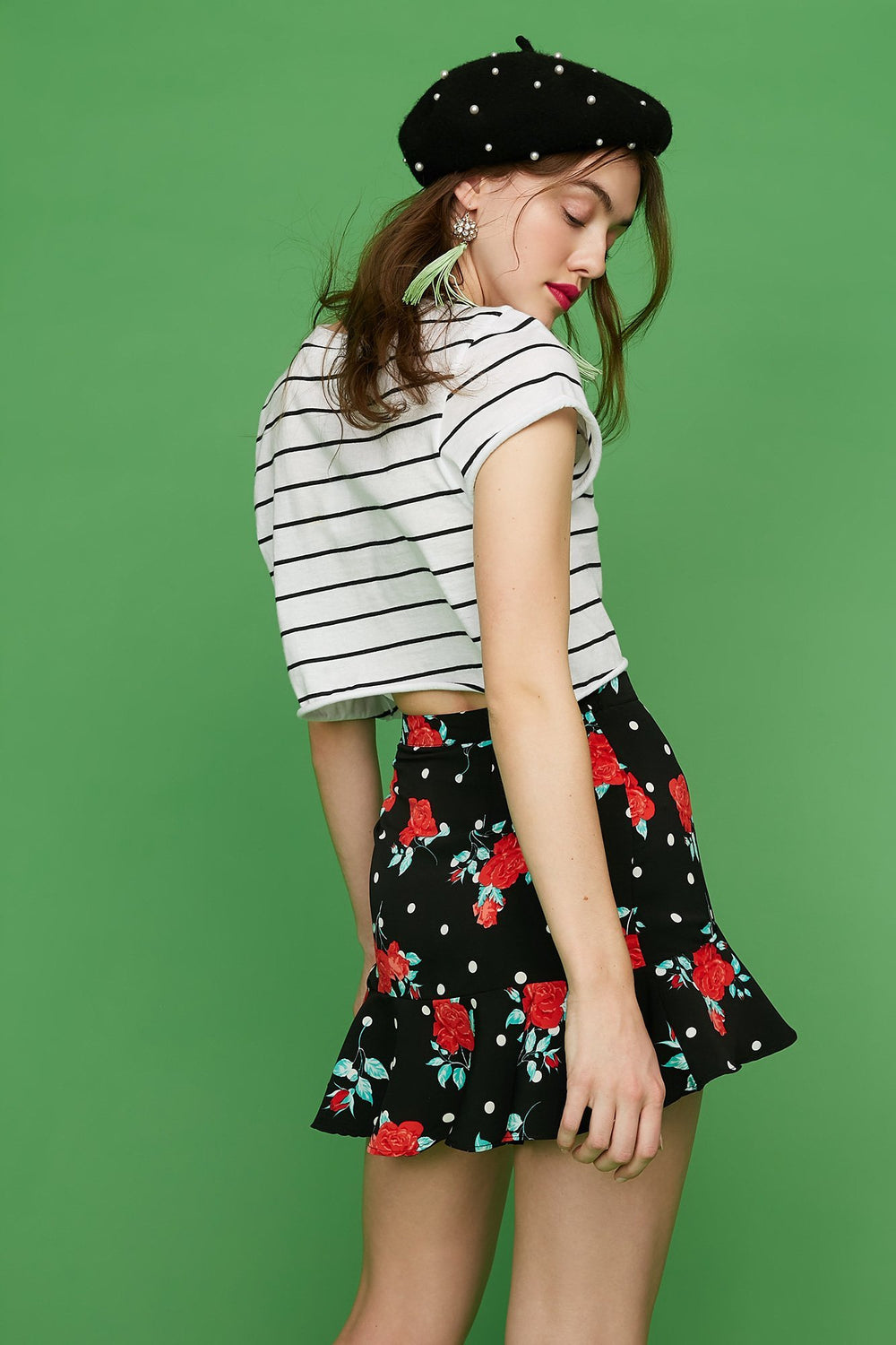 Women High-Rise Ruffle Printed Mini Skirt Black