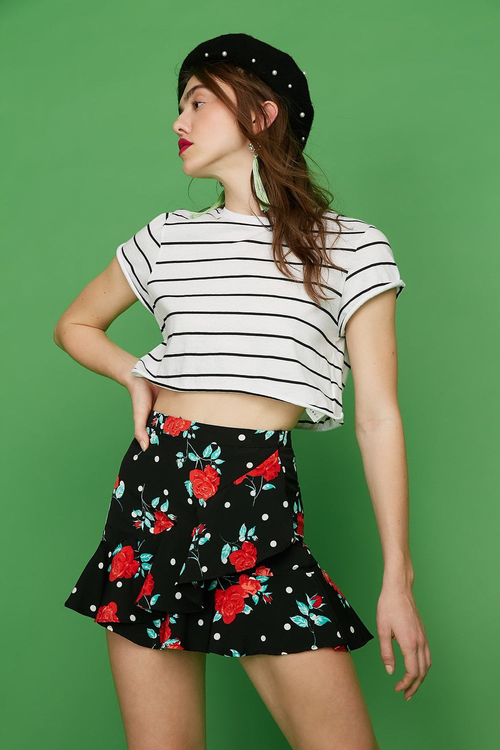 Women High-Rise Ruffle Printed Mini Skirt Black