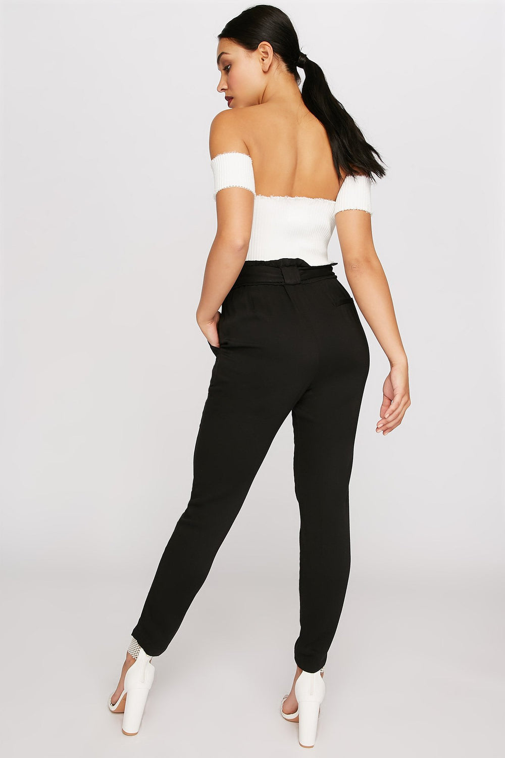 Women High-Rise Ruffle Self-Tie Soft Paperbag Pant Black