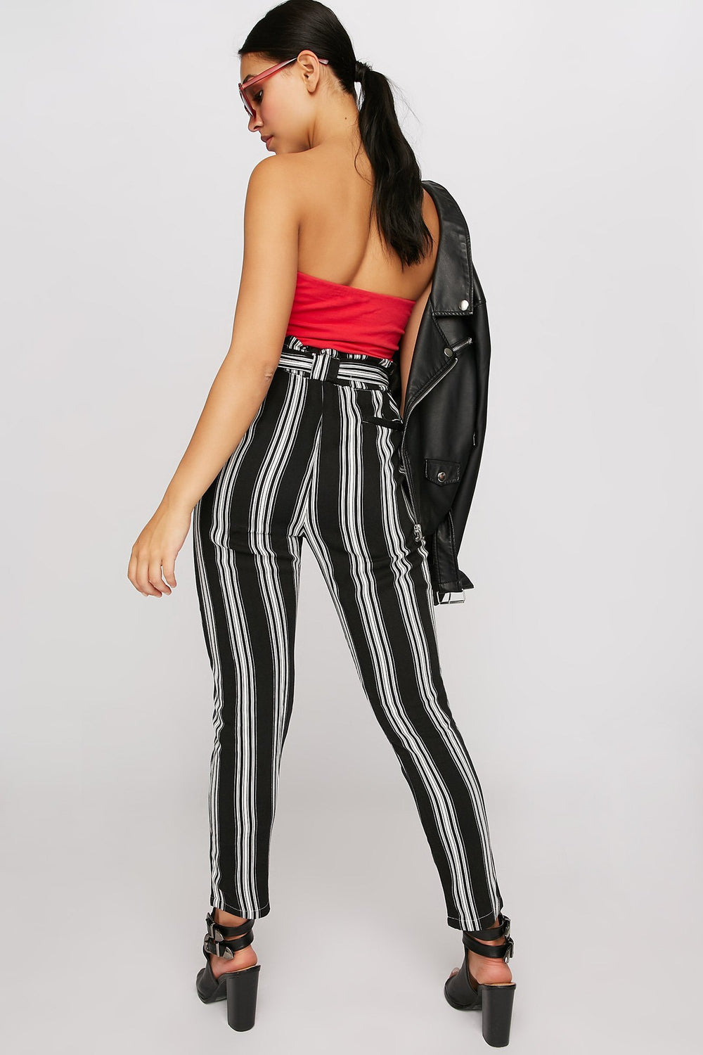 Women High-Rise Ruffle Striped Self-Tie Paperbag Pant Black