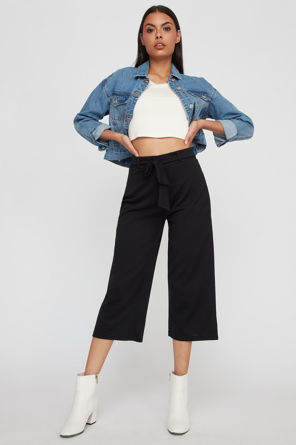 Women High-Rise Self-Tie Culotte Pant Black