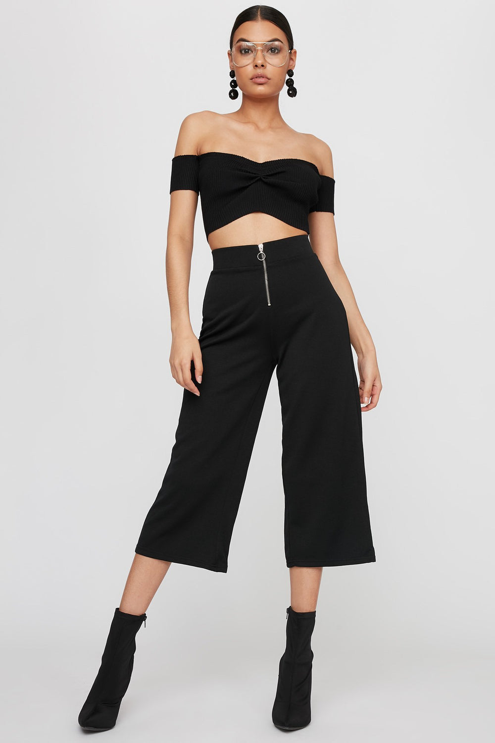 Women High-Rise Zipper Culotte Pant Black