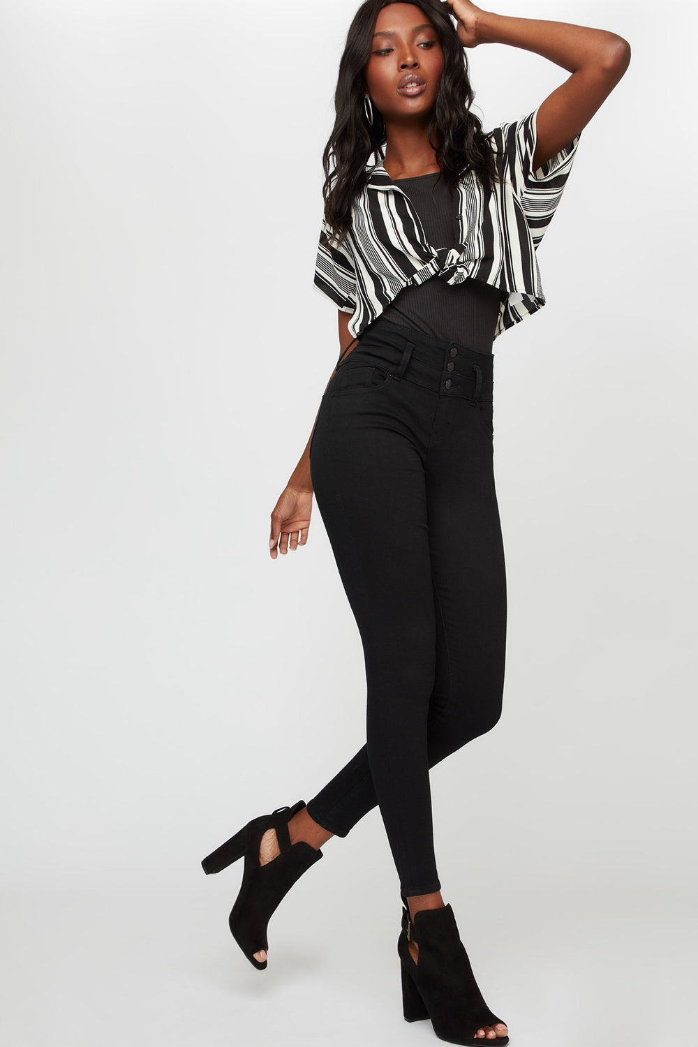 Women Ibiza 3-Tier High-Rise Push Up Black Skinny Jean Black