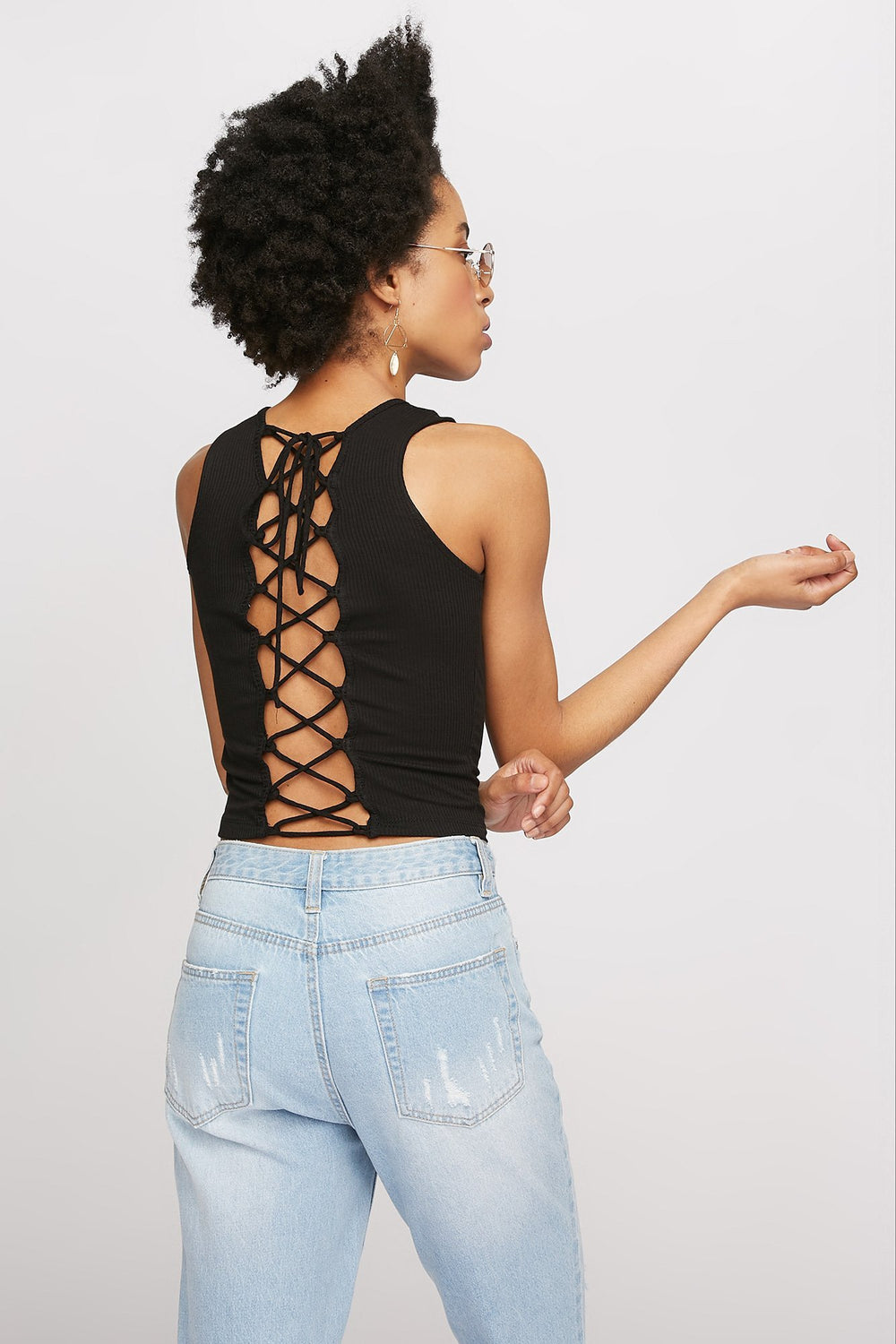 Women Lace-Up Back Ribbed Cropped Tank Black