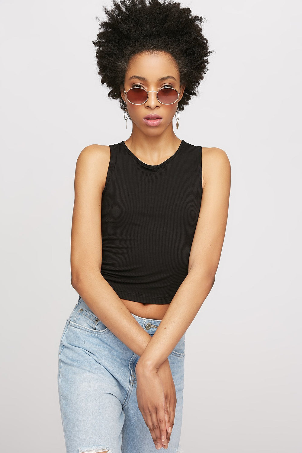 Women Lace-Up Back Ribbed Cropped Tank Black