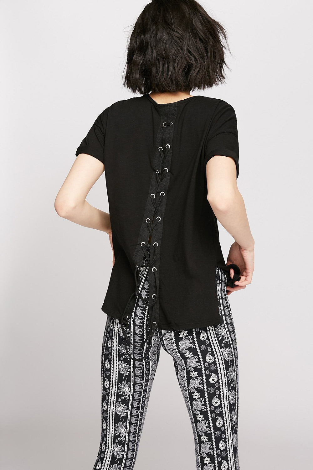 Women Lace-Up Corset Back T-Shirt Black