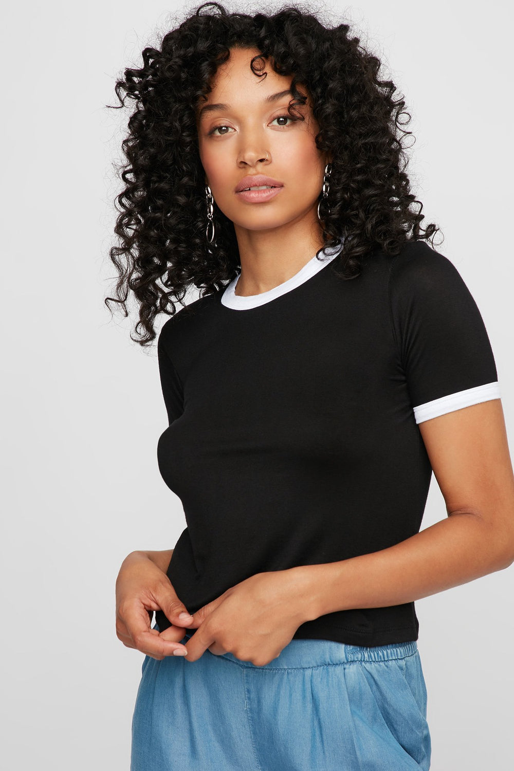 Women Lightweight Coloured Ringer T-Shirt Black