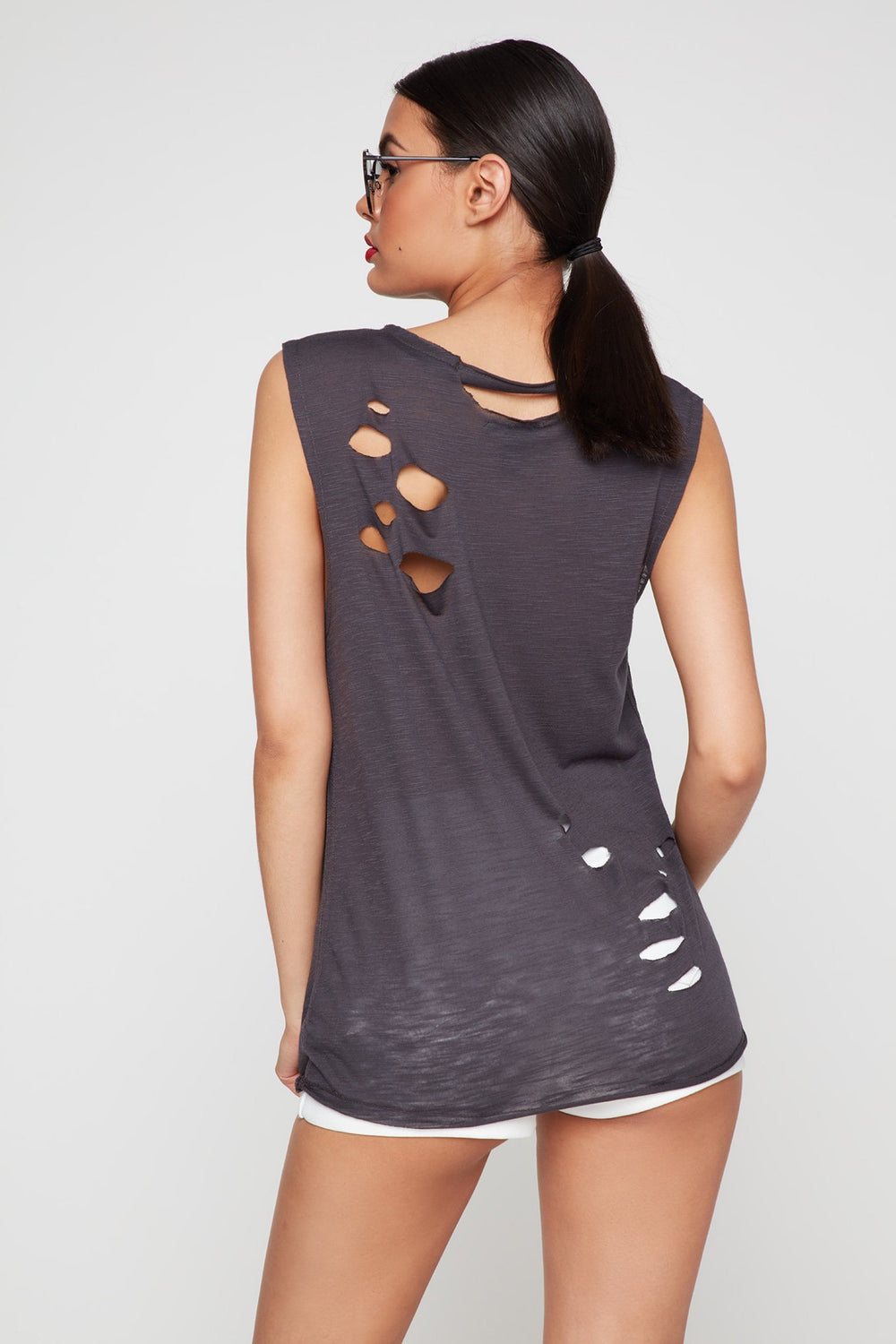 Women Look At The Stars Choker Distressed Graphic Tank Black