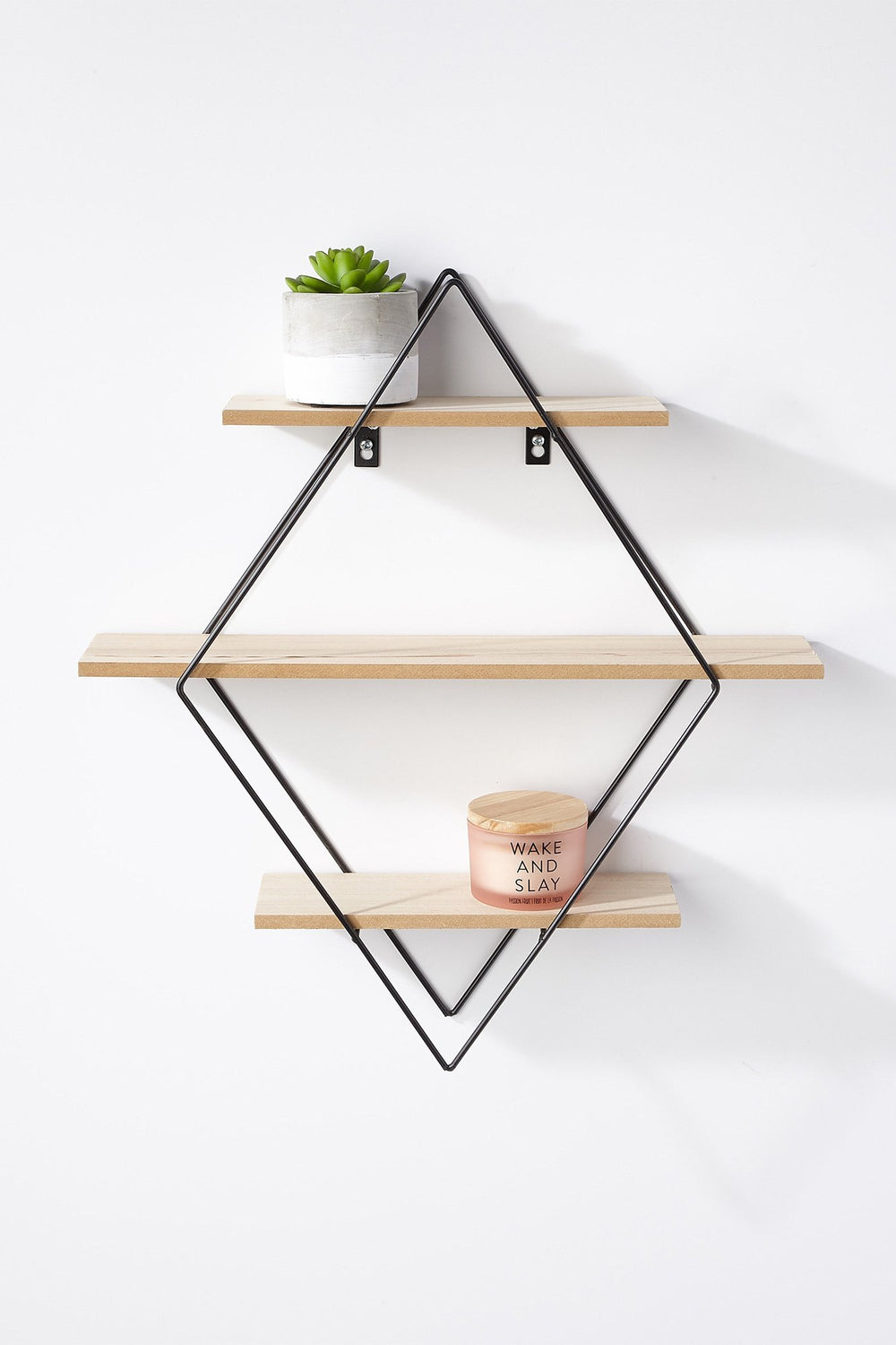 Women Metal Diamond Wood Wall Shelf Black