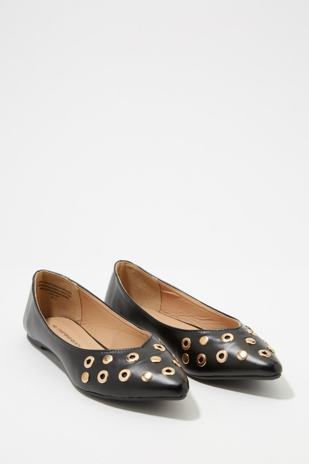 Women Metal Ring Studded Pointed Flat Black