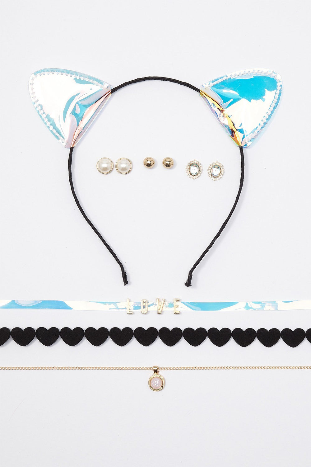 Women Metallic Cat Ear Headband Earrings & Necklace Set Black