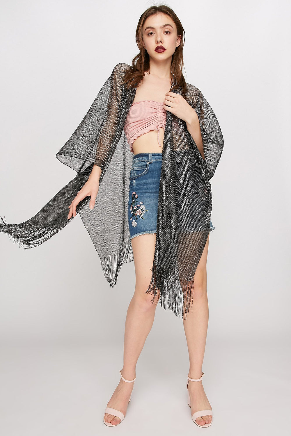 Women Metallic Fringe Beach Kimono Black