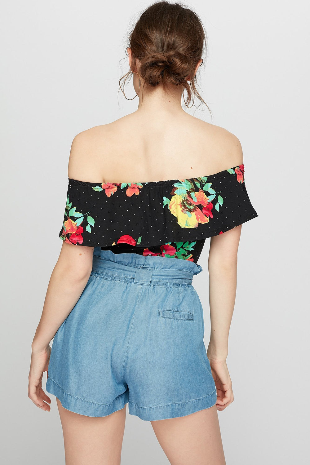 Women Off The Shoulder Floral Ruffle Bodysuit Black