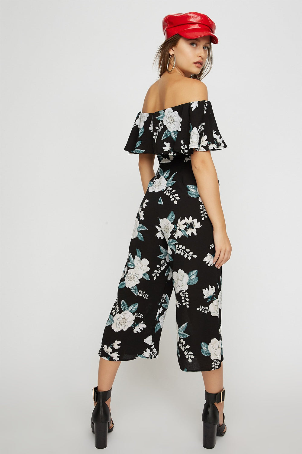 Women Off The Shoulder Floral Ruffle Culotte Jumpsuit Black