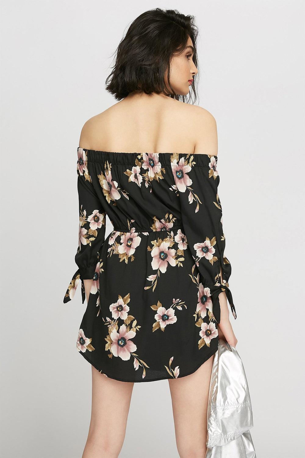 Women Off The Shoulder Floral Self-Tie Long Sleeve Mini Dress Black