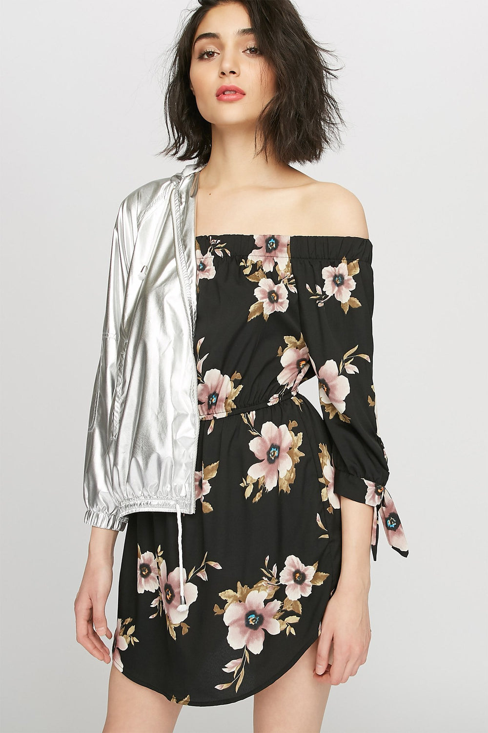 Women Off The Shoulder Floral Self-Tie Long Sleeve Mini Dress Black