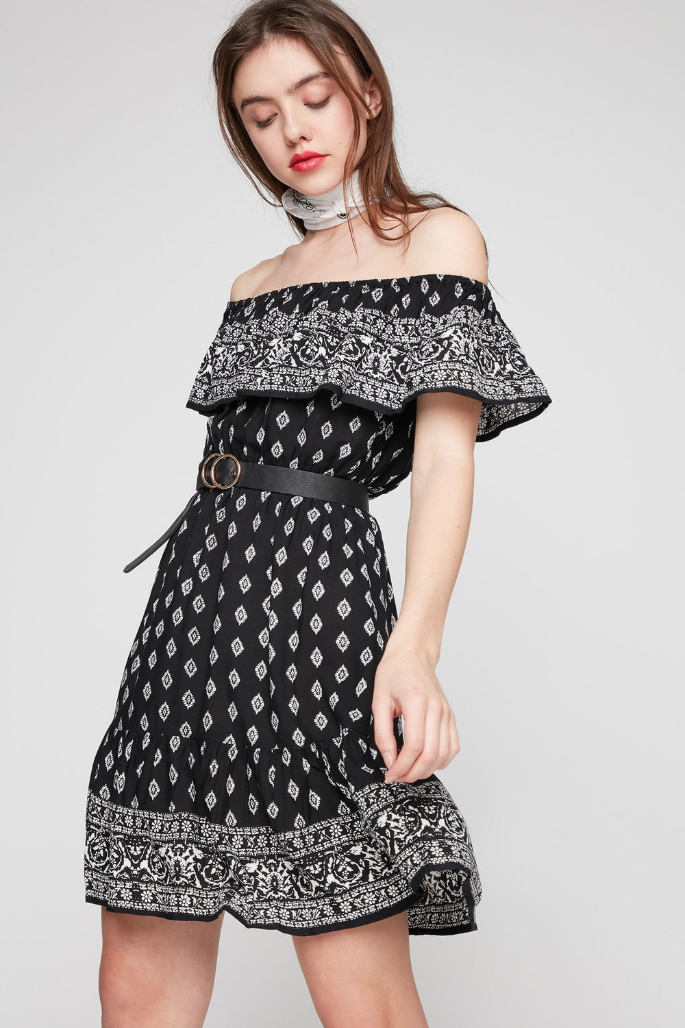 Women Off The Shoulder Ruffle Bandana Mini Dress Black