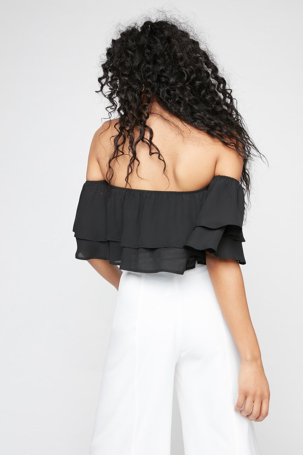 Women Off The Shoulder Ruffle Bell Sleeve Cropped Blouse Black