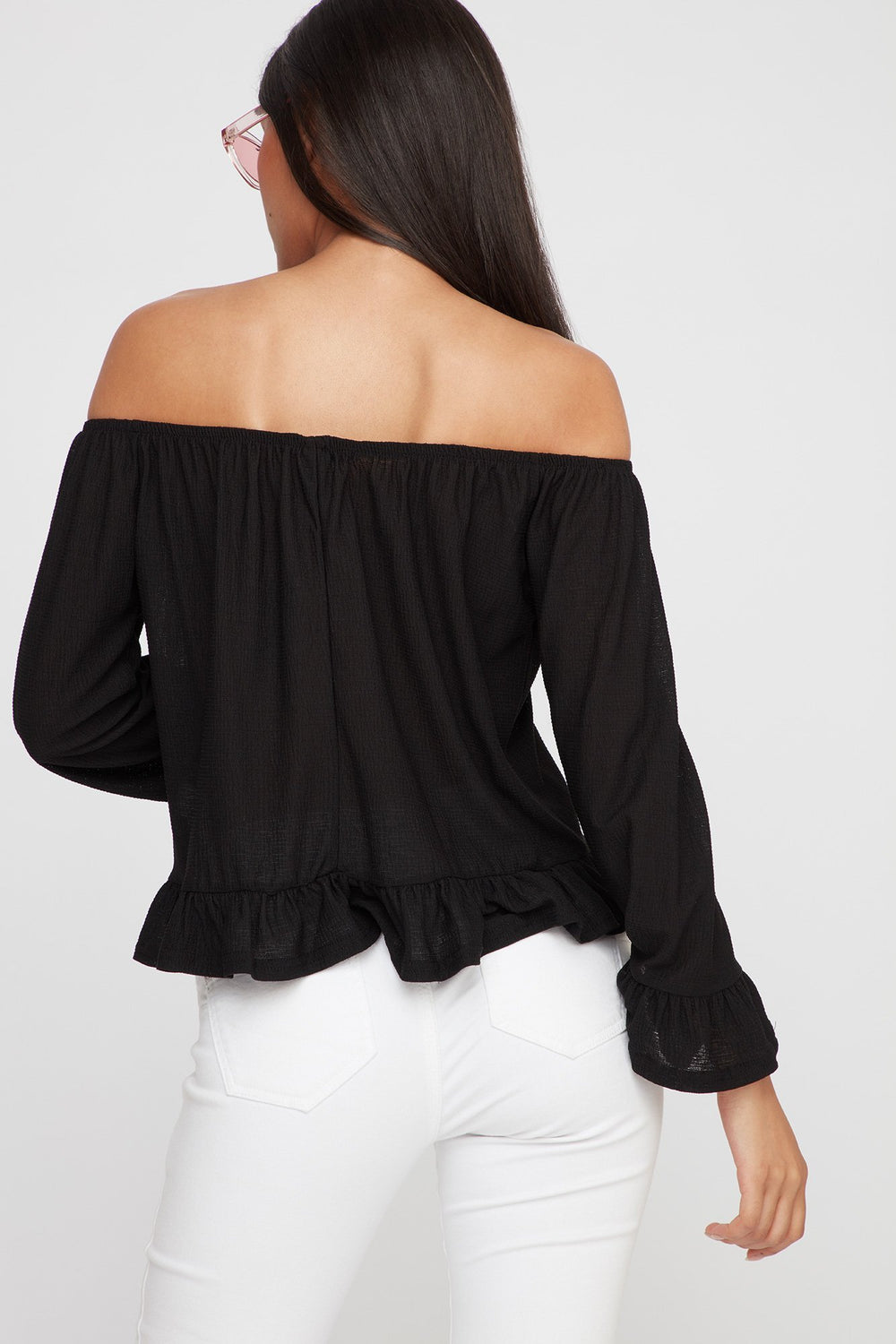 Women Off The Shoulder Ruffle Bell Sleeve Peplum Blouse Black