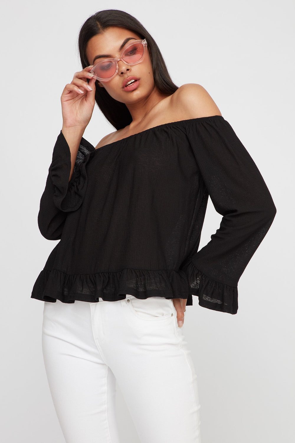 Women Off The Shoulder Ruffle Bell Sleeve Peplum Blouse Black