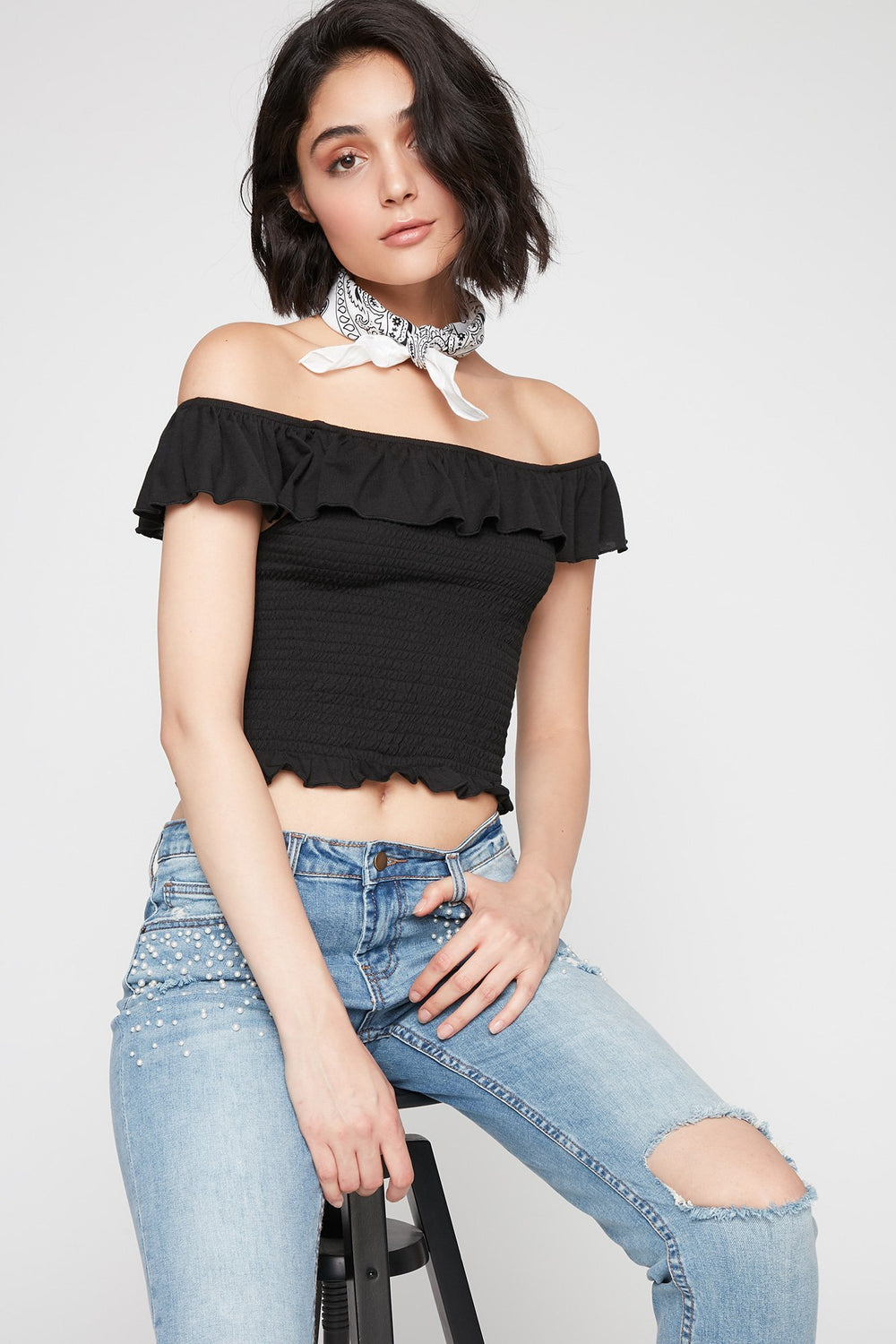 Women Off The Shoulder Ruffle Smocked Cropped T-Shirt Black