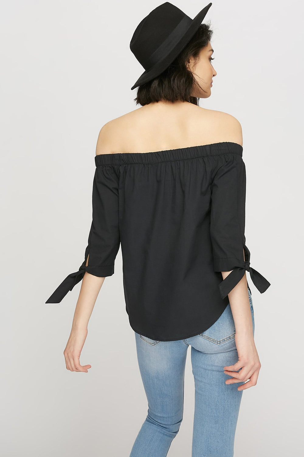 women Off The Shoulder Self-Tie Sleeve Blouse Black