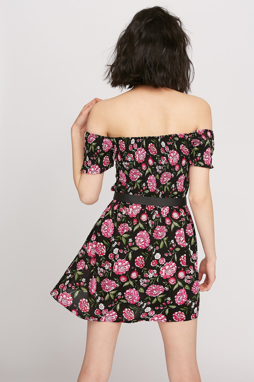 Women Off The Shoulder Smocked Floral Mini Dress Black