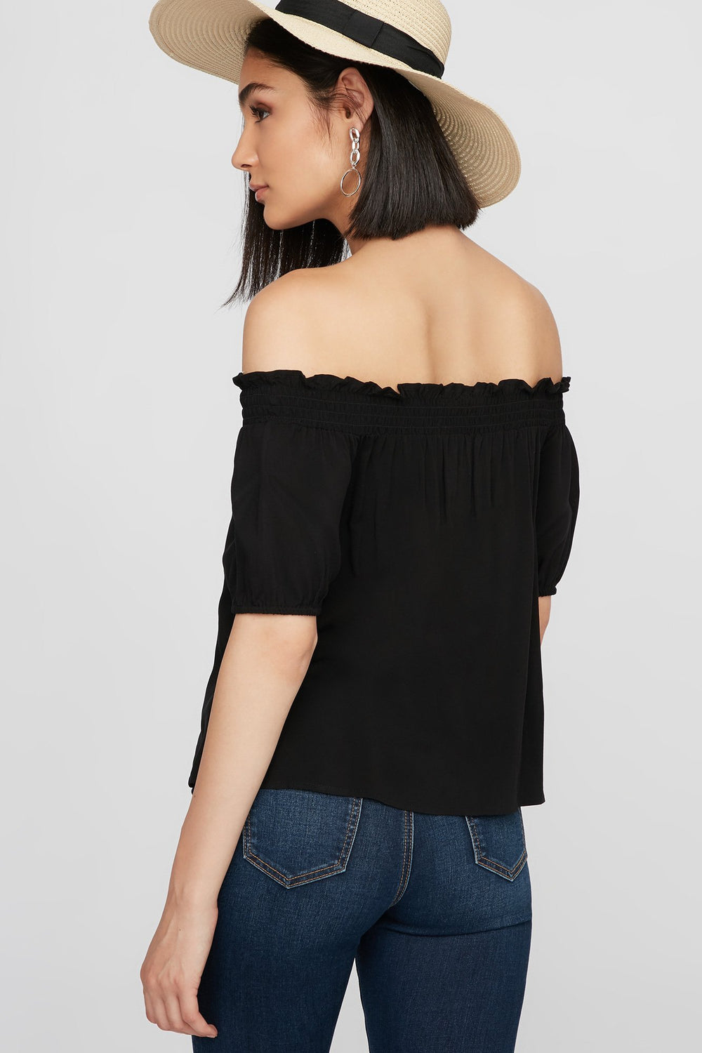 Women Off The Shoulder Smocked Lace-Up Button-Up Blouse Black