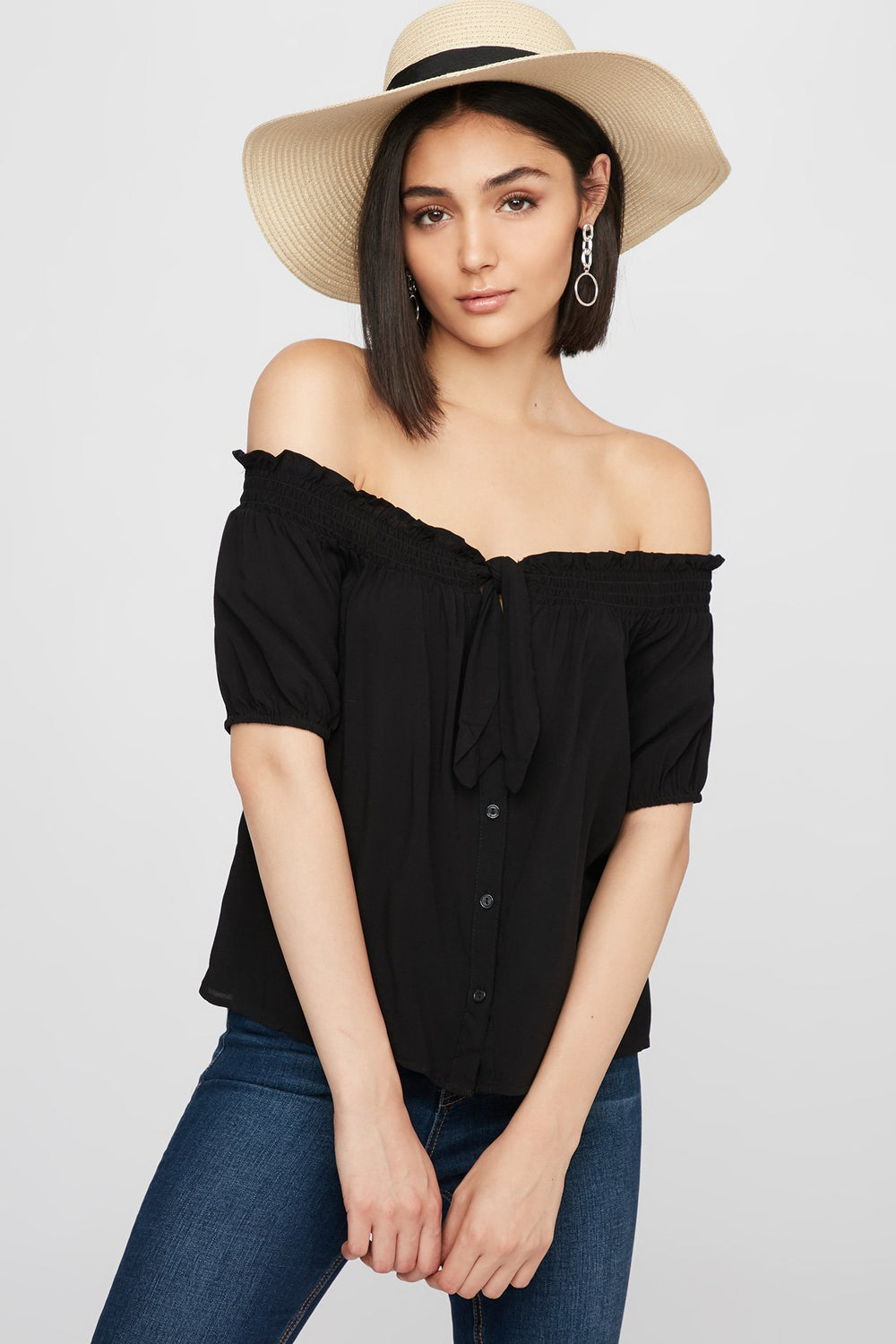 Women Off The Shoulder Smocked Lace-Up Button-Up Blouse Black