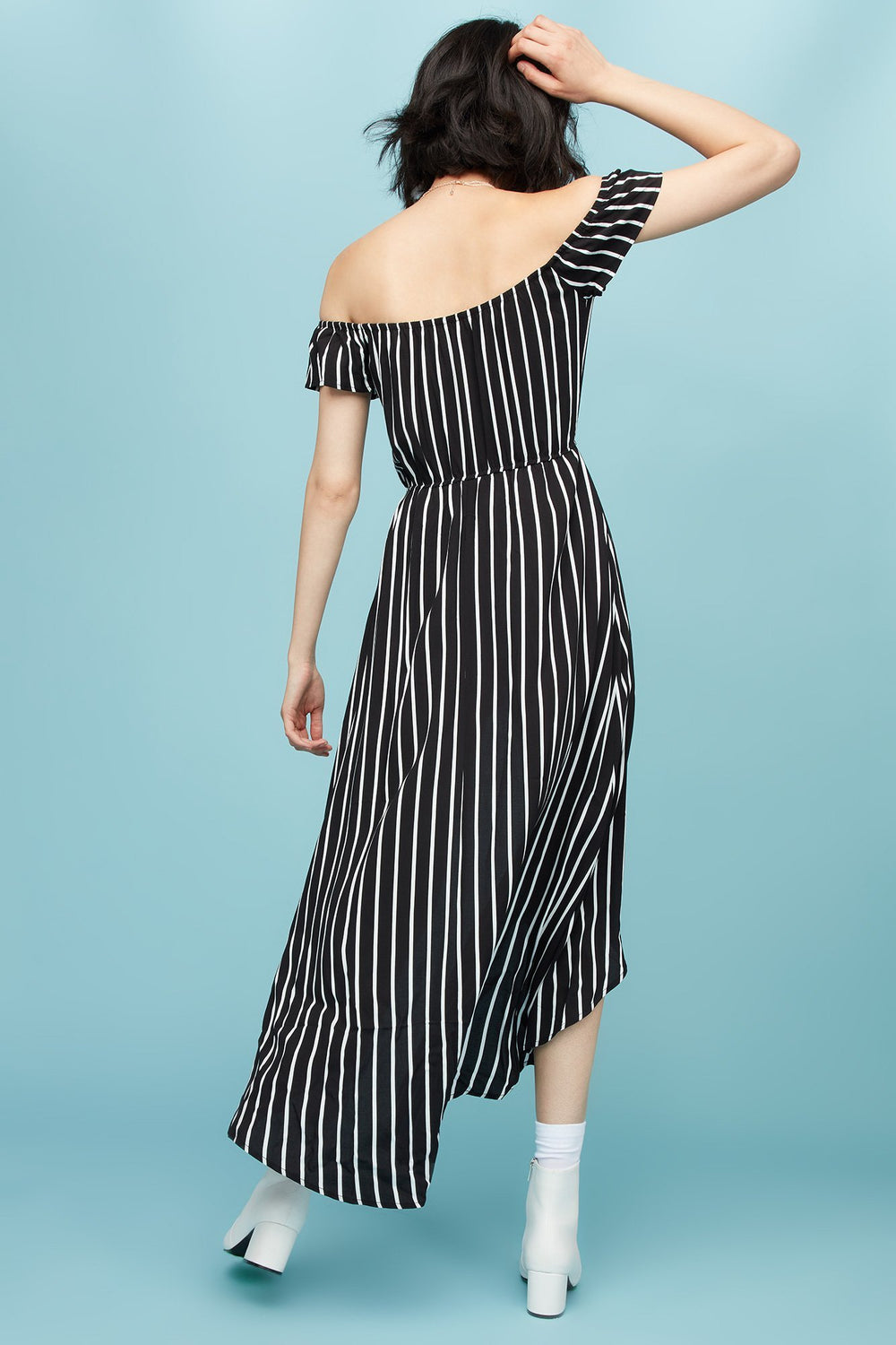Women Off The Shoulder Striped Walkthrough Romper Black
