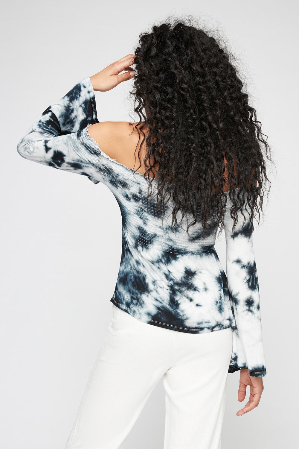 Women Off The Shoulder Tie-Dye Smocked Bell Sleeve Blouse Black