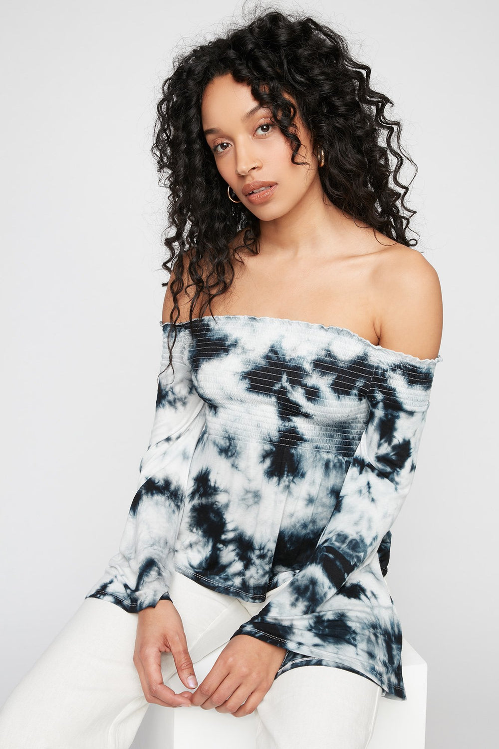 Women Off The Shoulder Tie-Dye Smocked Bell Sleeve Blouse Black