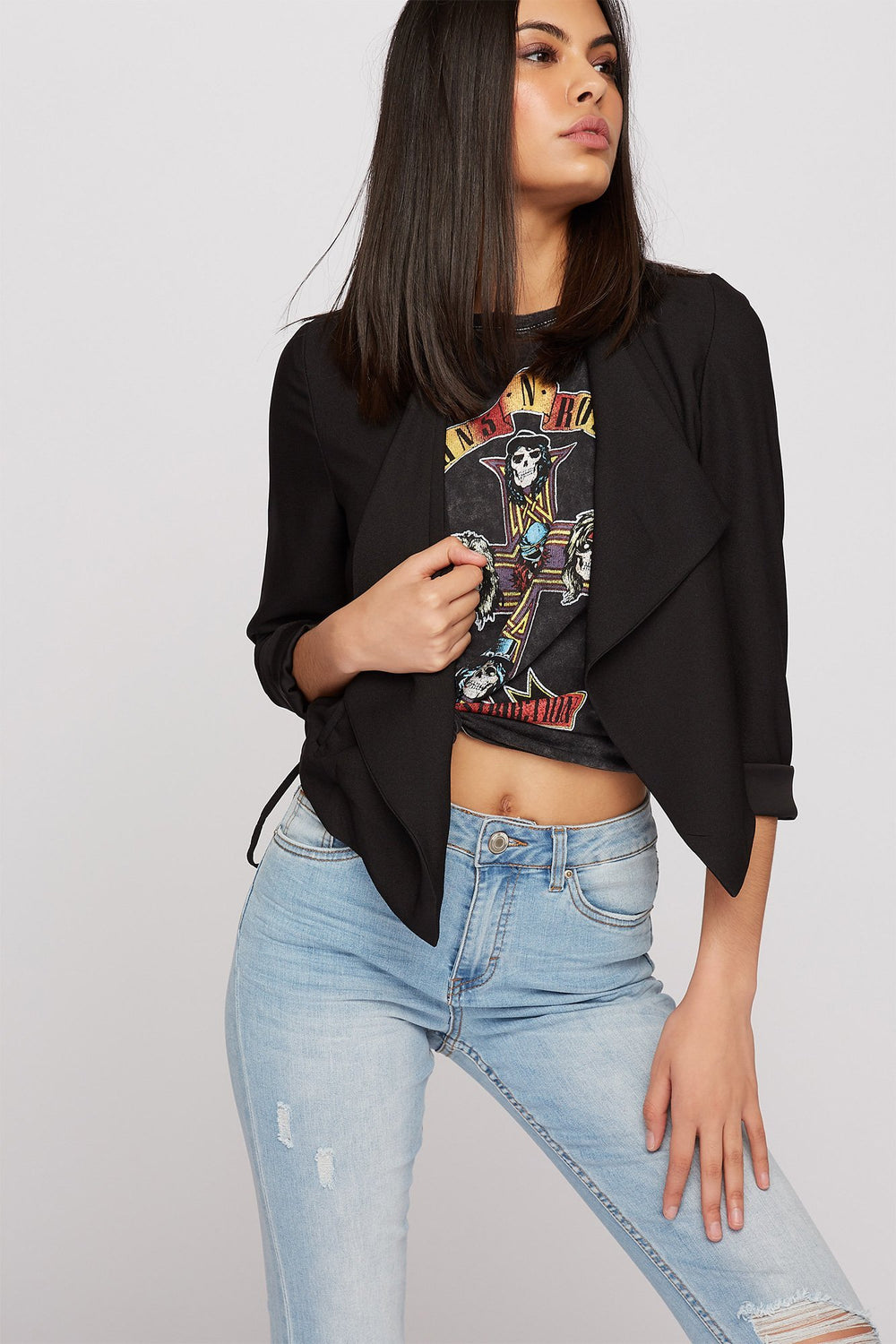 Women Open-Front Cropped Waterfall Blazer Black